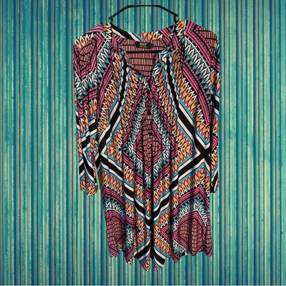 R&B Collection Printed Boho Tunic Top in Pink, Teal and Black size L
